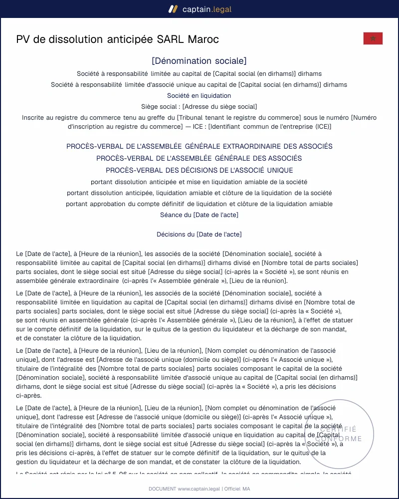 PV de dissolution SARL Maroc conforme loi 5-96 et 17-95