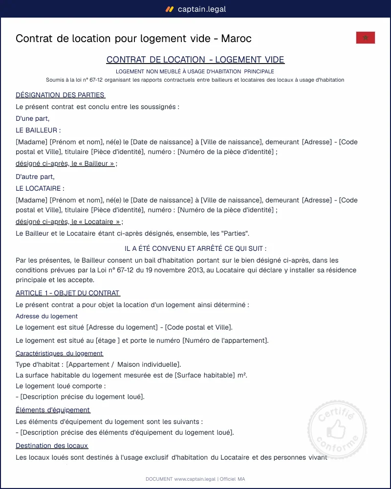 Modèle de contrat de location pour logement vide au Maroc