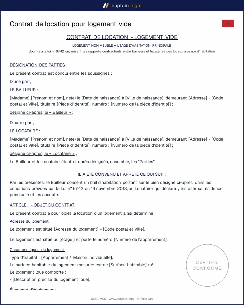 Modèle de contrat de location pour logement vide au Maroc