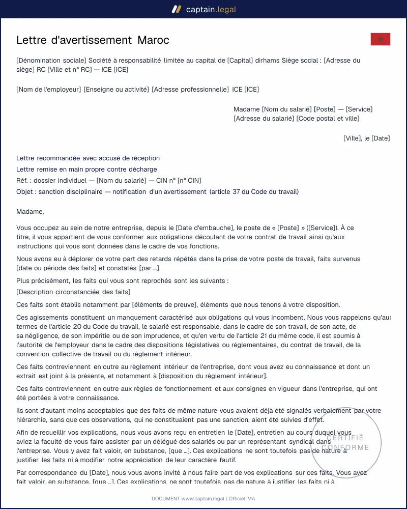Avertissement et blâme Maroc : article 37 Code du travail