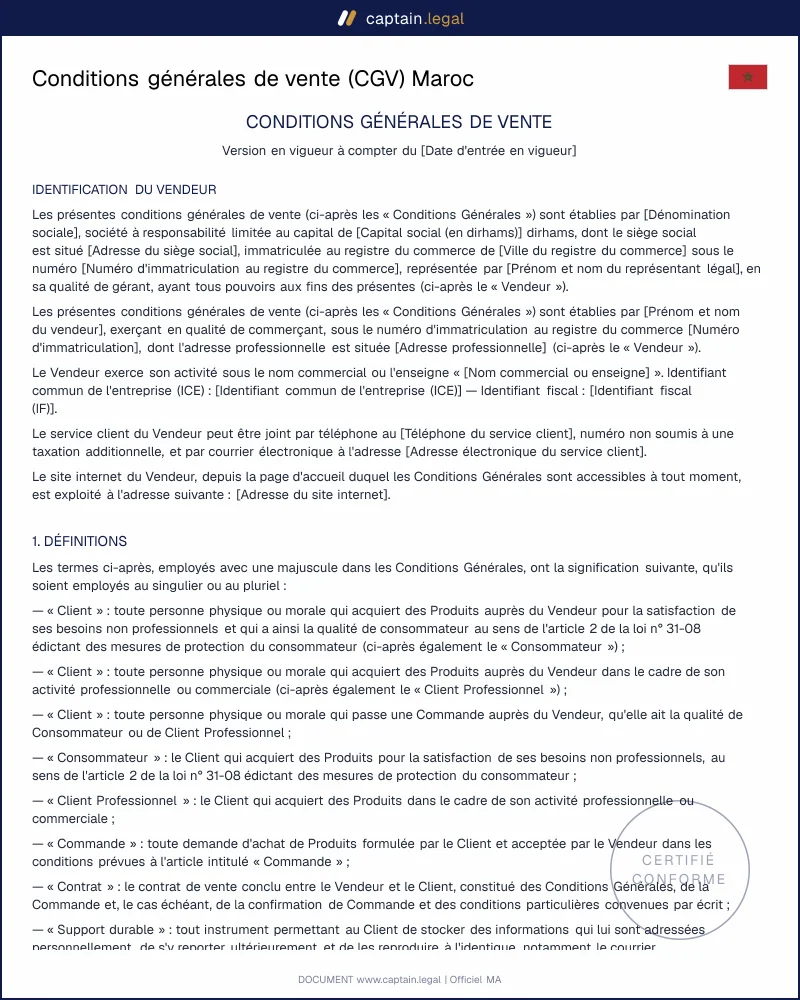 CGV Maroc conformes loi 31-08, DOC et loi 69-21