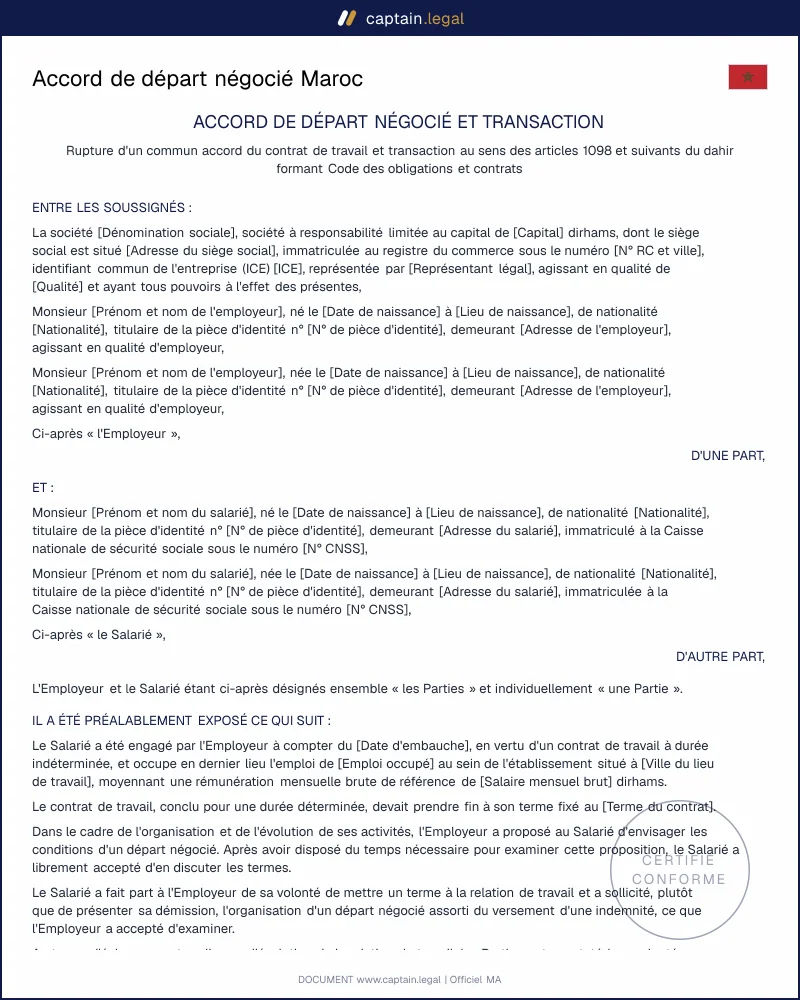 Accord de départ et transaction Maroc | Art. 41 loi 65-99