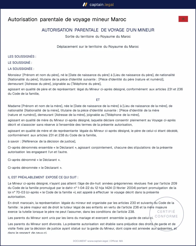Autorisation de voyage mineur Maroc | Art. 236 Moudawana