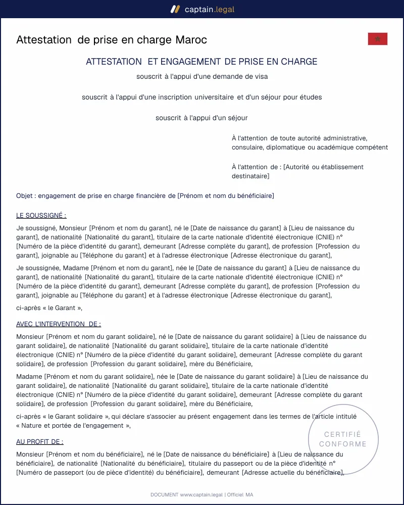 Attestation de prise en charge : art. 18 DOC et Moudawana