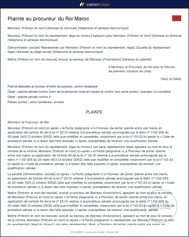 Plainte au procureur du Roi : article 40 CPP et loi 03-23