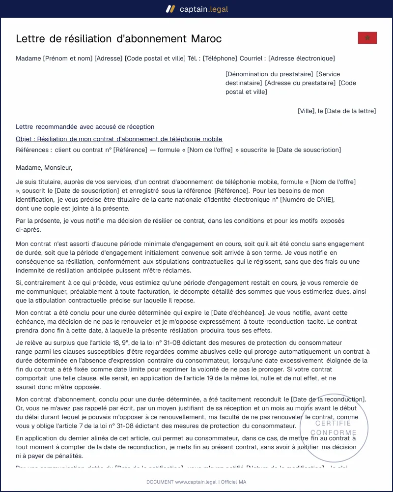 Résiliation d'abonnement Maroc : modèle conforme loi 31-08
