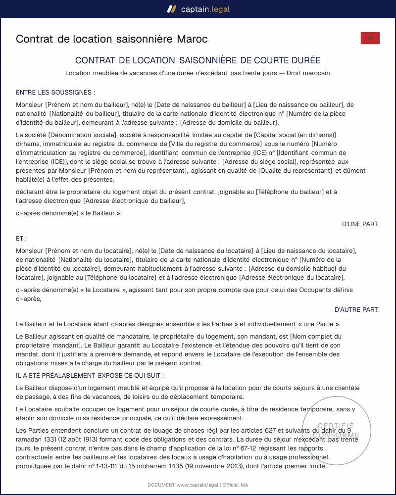 Contrat de location saisonnière Maroc | DOC et loi 67-12
