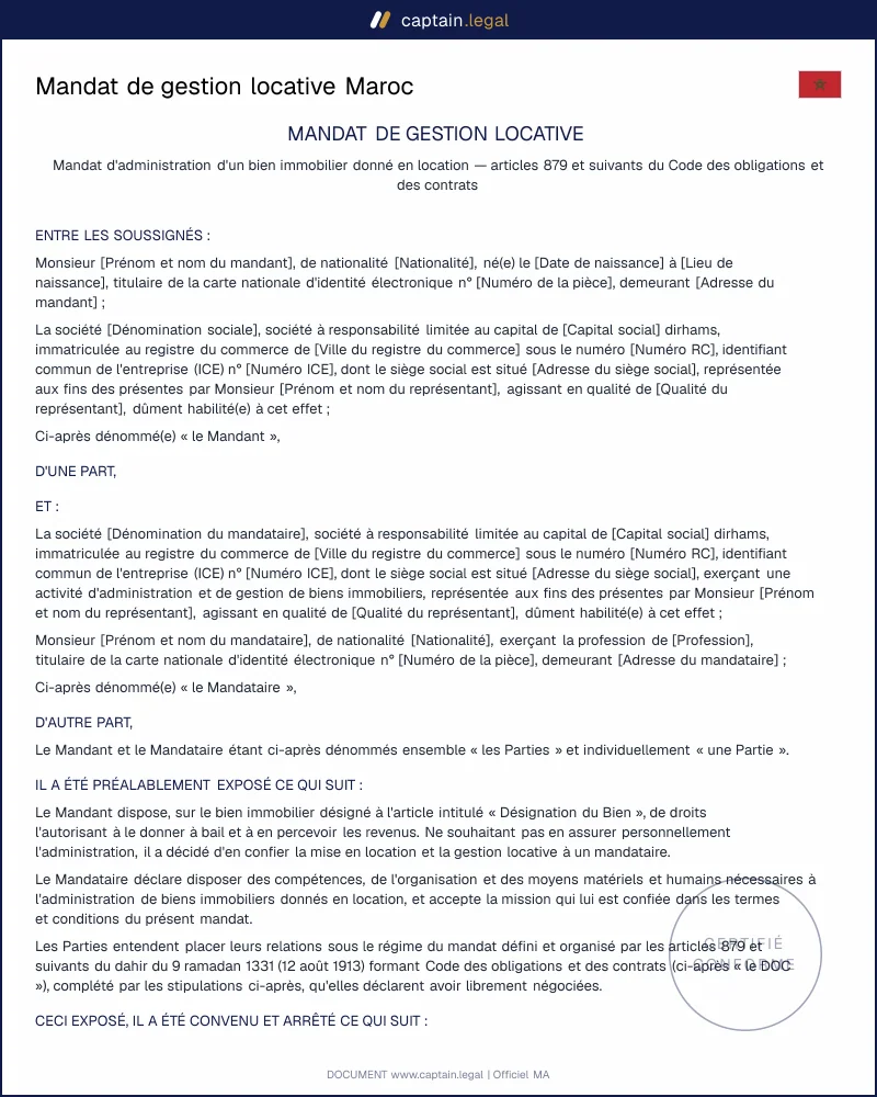Mandat de gestion locative Maroc conforme au DOC (art. 879)