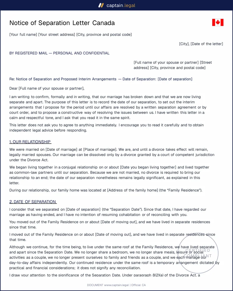 Notice of Separation Letter | Divorce Act s.8 Template