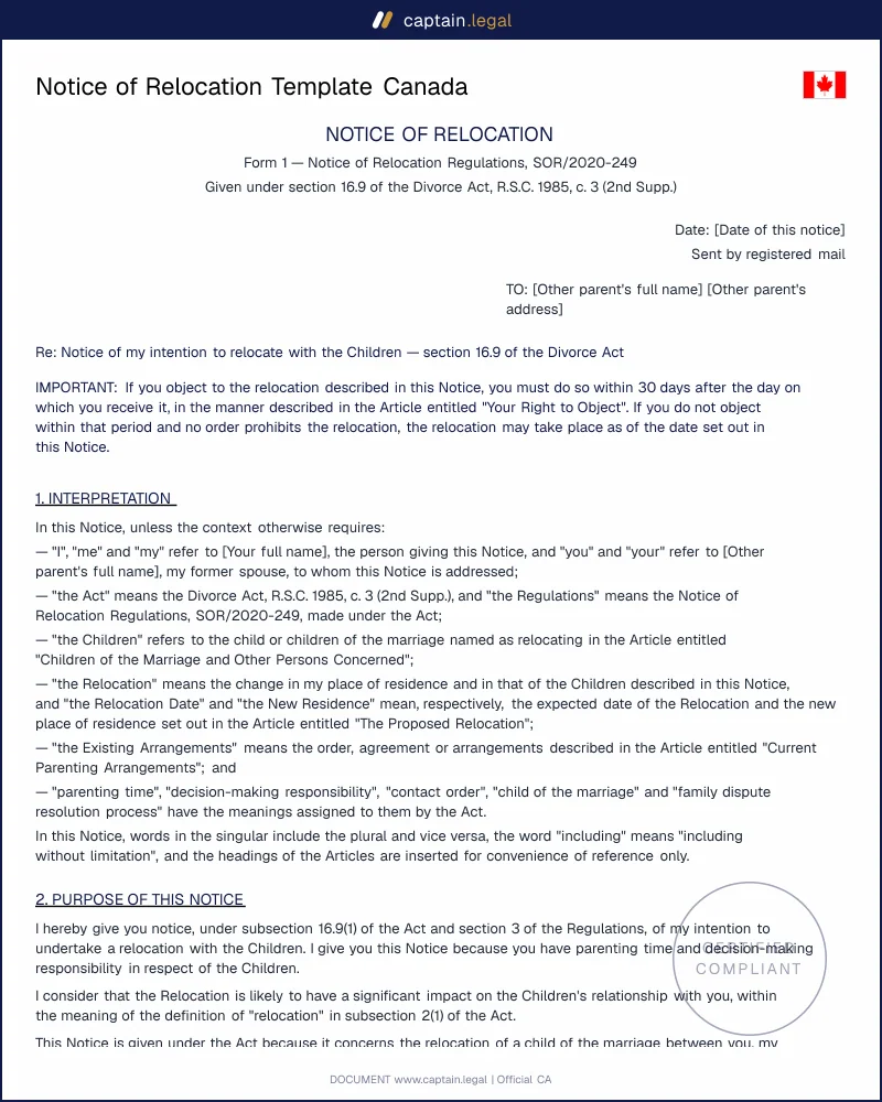 Notice of Relocation | Divorce Act s.16.9 & Form 1