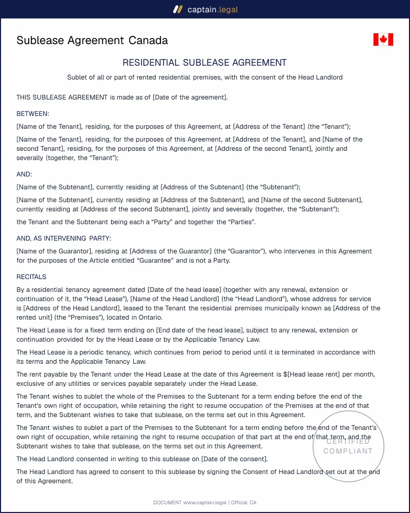 Sublease Agreement Canada | RTA s.97, s.34 & s.22 Rules