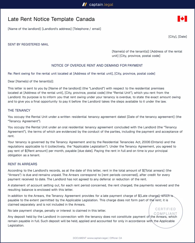 Late Rent Notice Canada | Ontario RTA & Bill 60 Rules