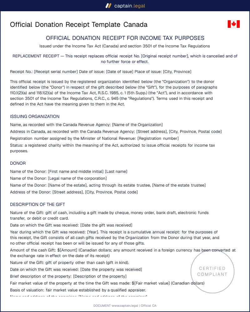 Official Donation Receipt Canada | ITA Regulation 3501