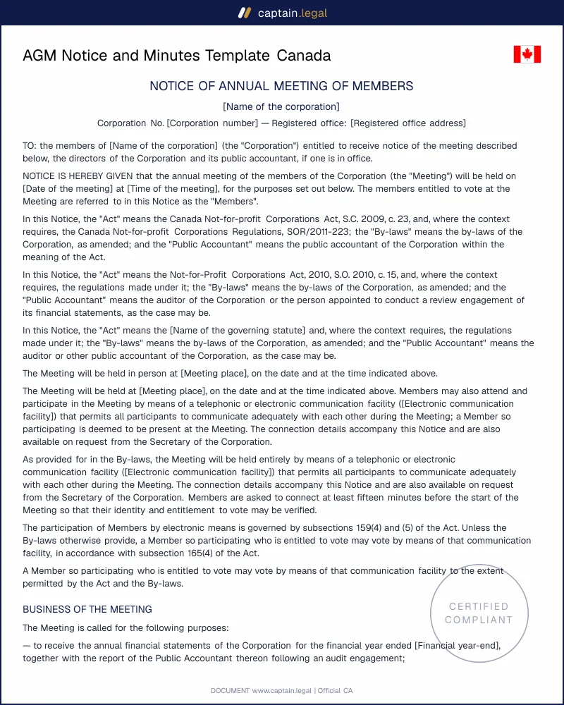 AGM Notice and Minutes Canada | NFP Act s.160 & ONCA
