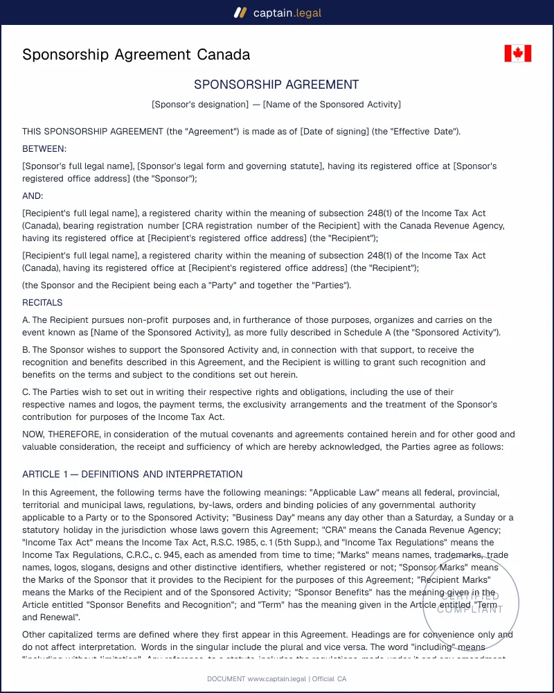 Sponsorship Agreement Canada | ITA s.248(30) & ETA s.135