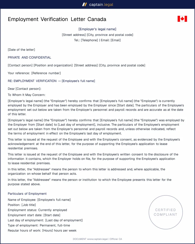 Employment Verification Letter | PIPEDA & PIPA Compliant