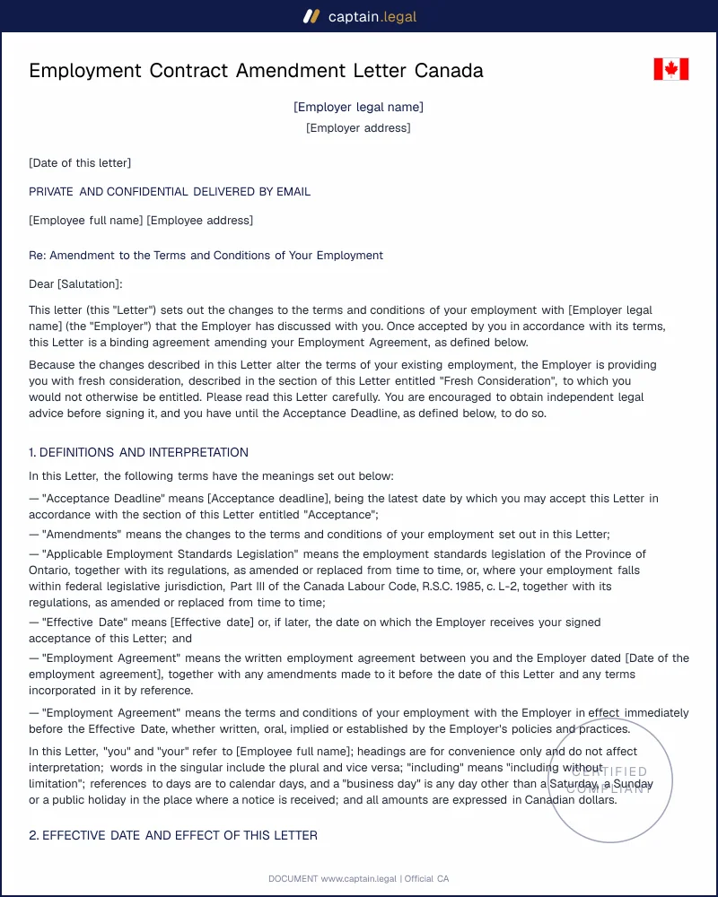 Contract Amendment Letter Canada | Hobbs & Quach Rules