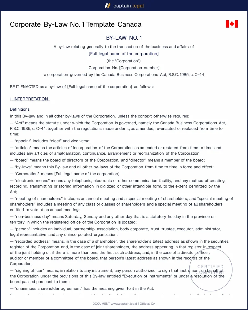 Corporate By-Law No. 1 | CBCA s.103 & OBCA s.116 Compliant