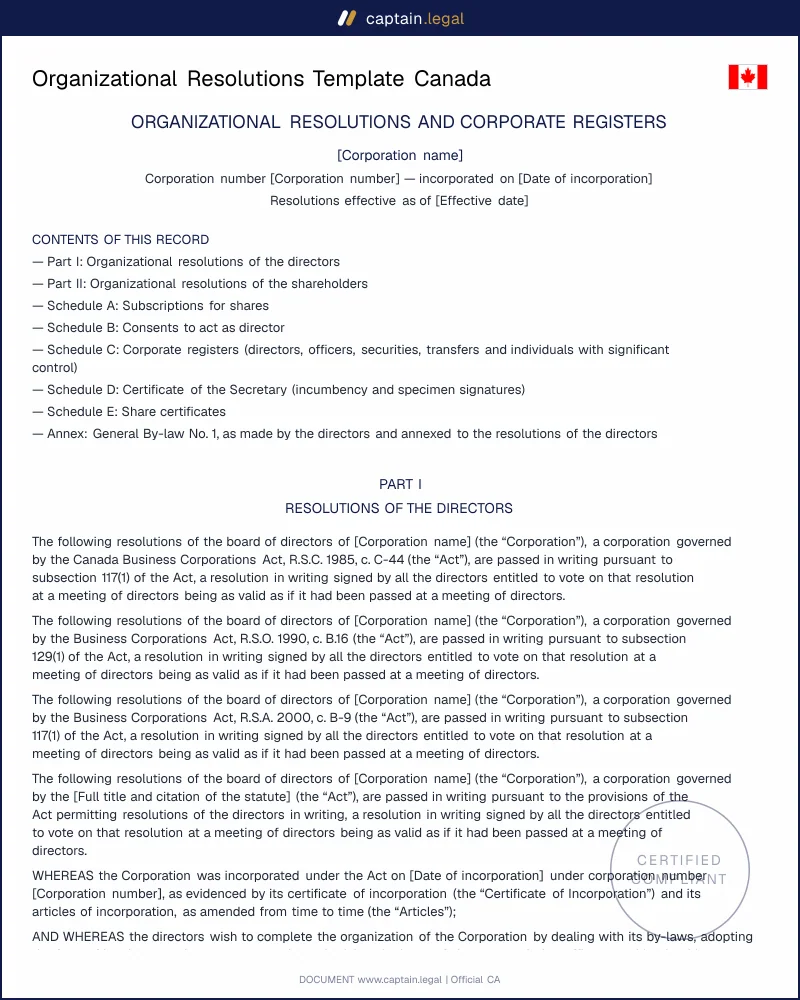 Organizational Resolutions | CBCA s.104, s.117 & s.142