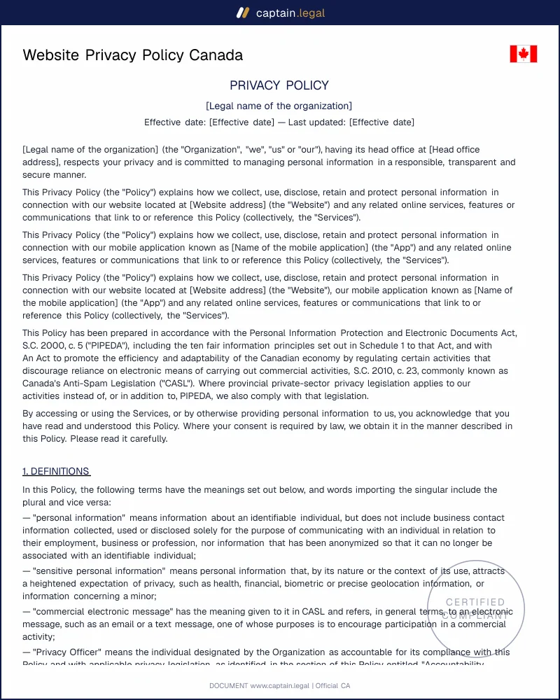 Privacy Policy for Your Website or App | Canada (PIPEDA)