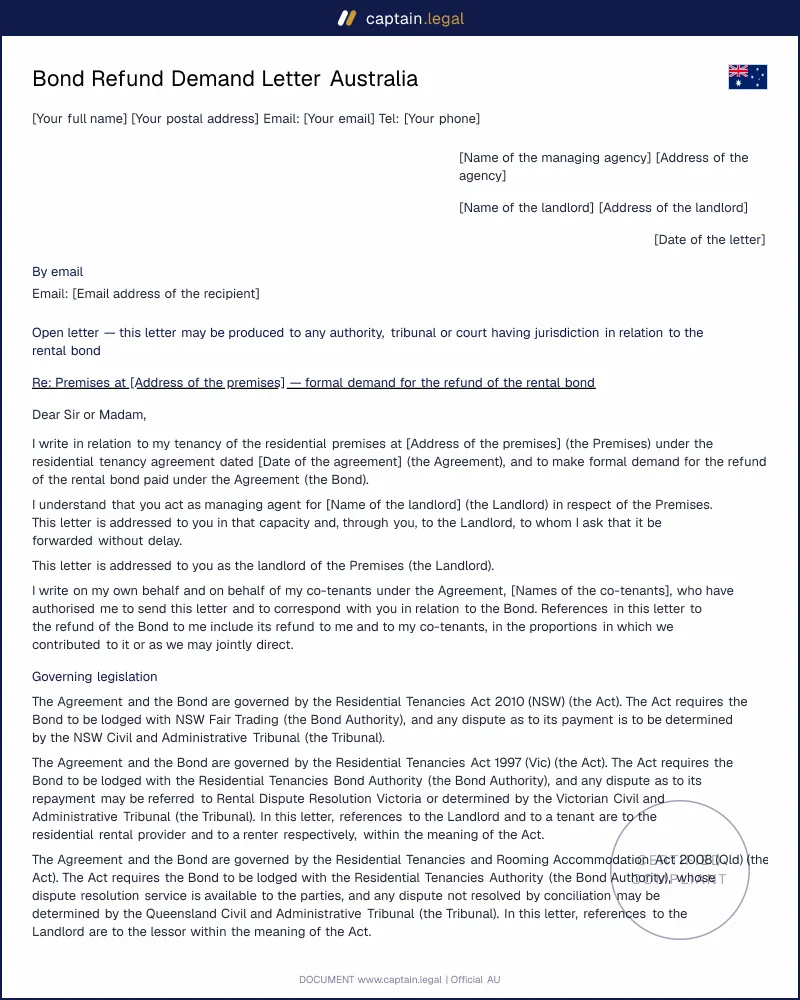 Get Your Rental Bond Back | Bond Refund Demand Letter AU