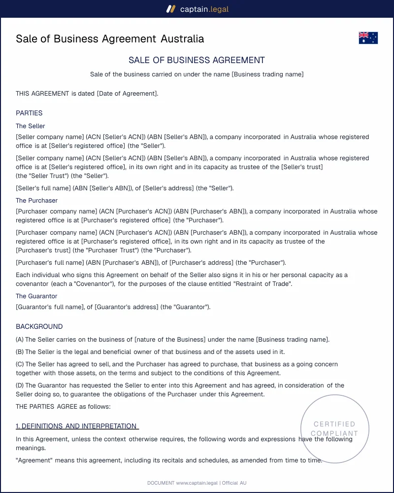 Selling Your Business? Agreement for Goodwill, Staff & Stock