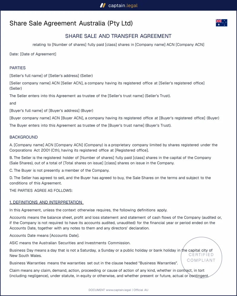 Selling Pty Ltd Shares? Share Sale Agreement Template