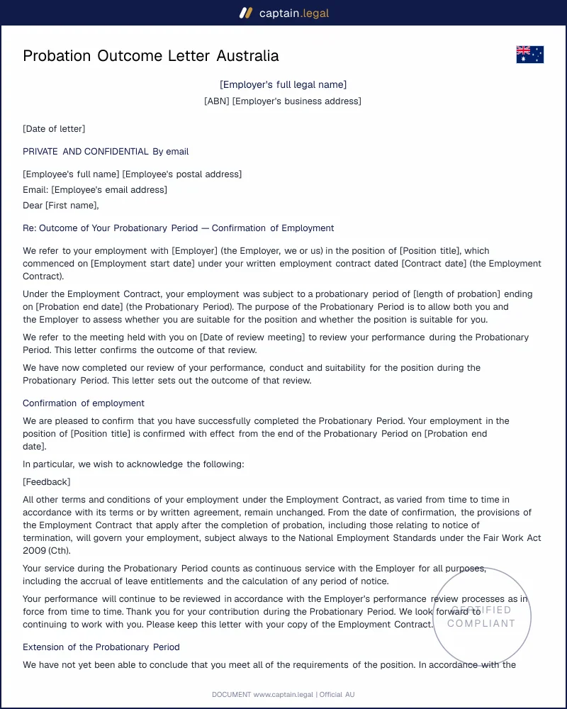 Probation Outcome Letter | s.383 Fair Work Act 2009