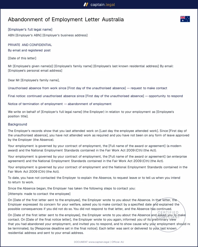 Employee Stopped Showing Up? Abandonment Letter Template AU
