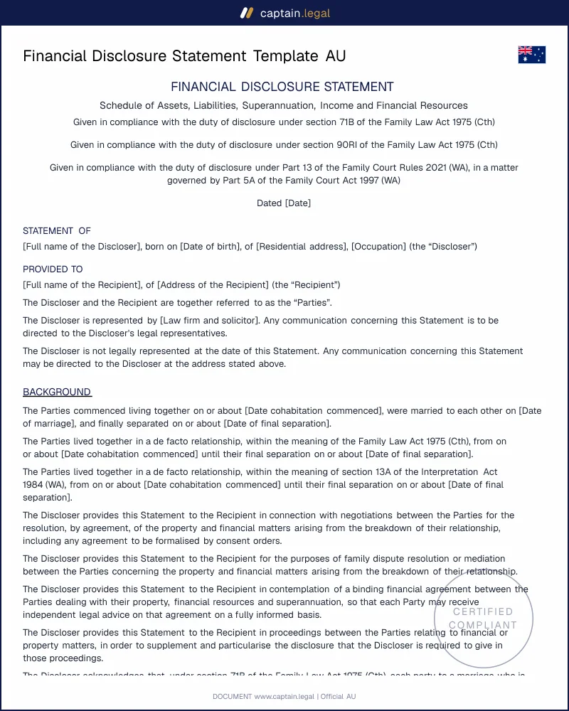 Financial Disclosure Statement | s.71B Family Law Act