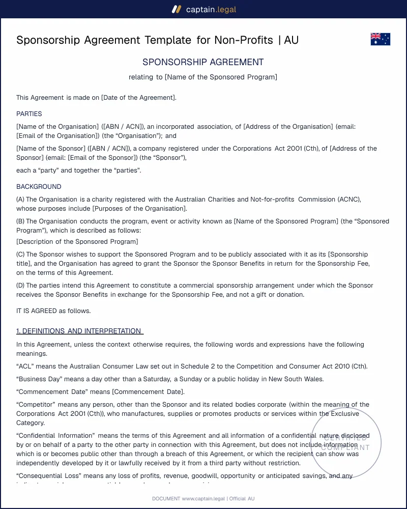 NFP Sponsorship Agreement | GST Act s 9-5 & ACNC Ready