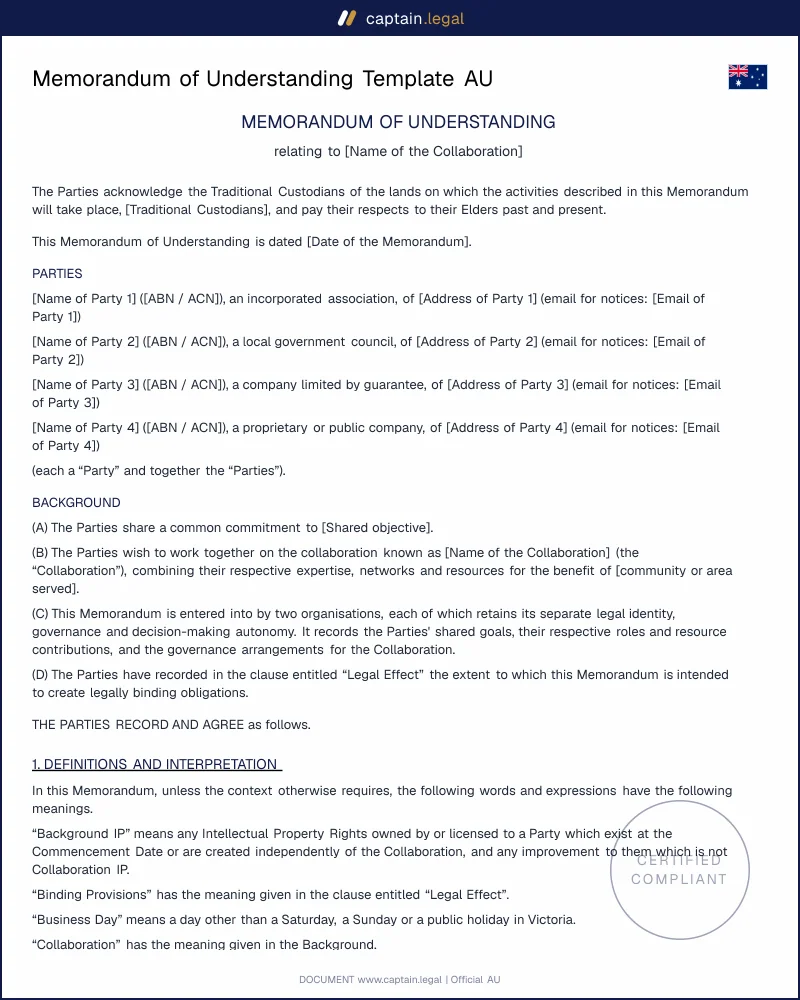 MoU Template Australia | Ermogenous & Privacy Act 1988