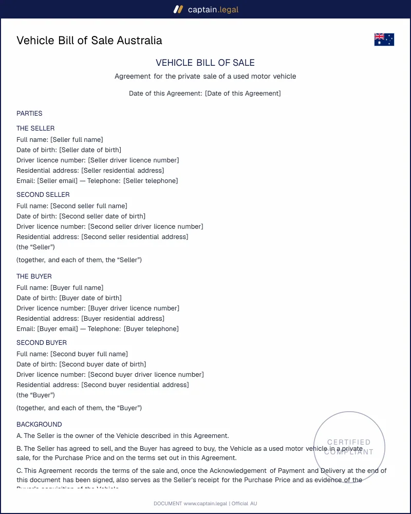 Vehicle Bill of Sale AU | s 44 PPSA & State Rego Rules