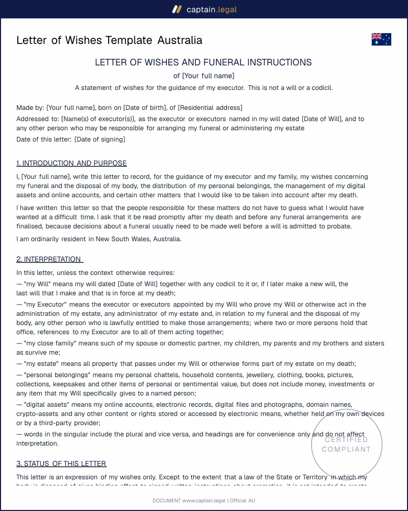 Letter of Wishes & Funeral Instructions | Cremations Act