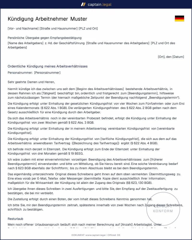 Kündigungsschreiben Arbeitnehmer nach §§ 622, 623 BGB
