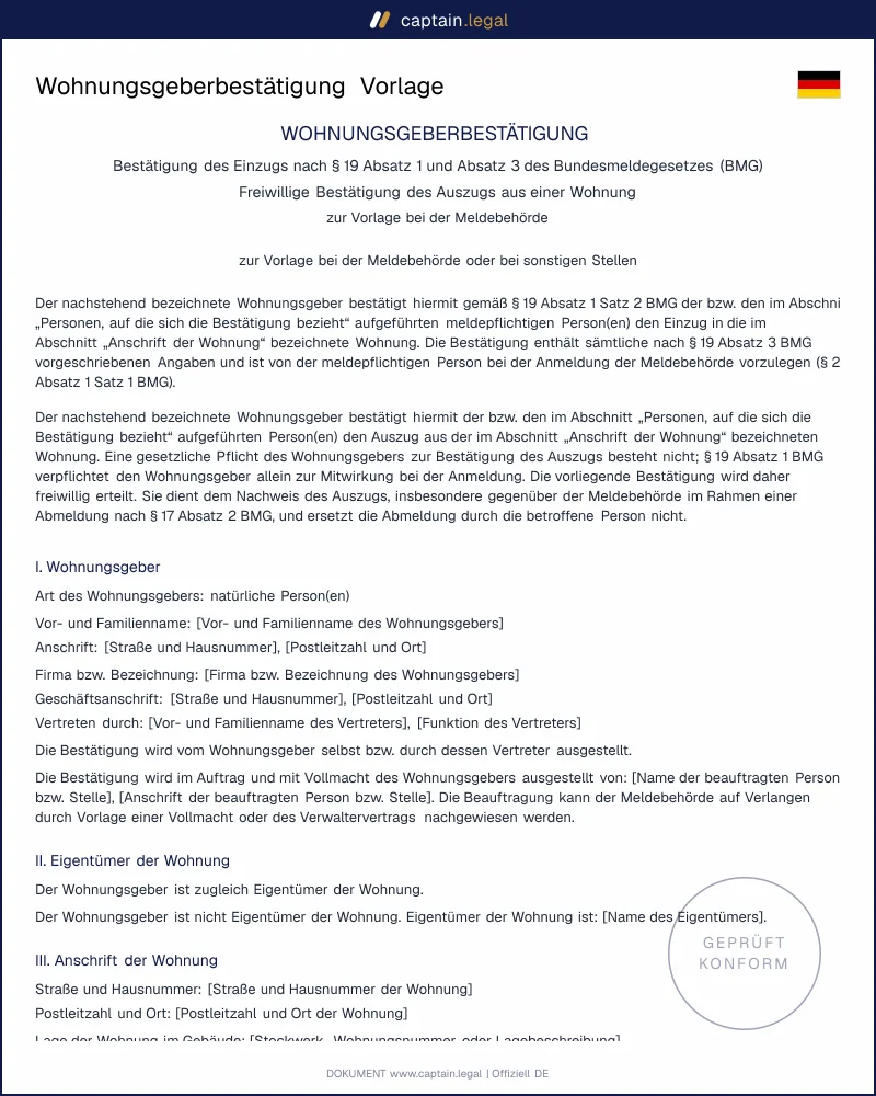 Wohnungsgeberbestätigung nach § 19 BMG | Vorlage