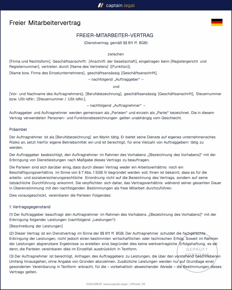 Freier Mitarbeitervertrag nach § 611 BGB & § 7 SGB IV