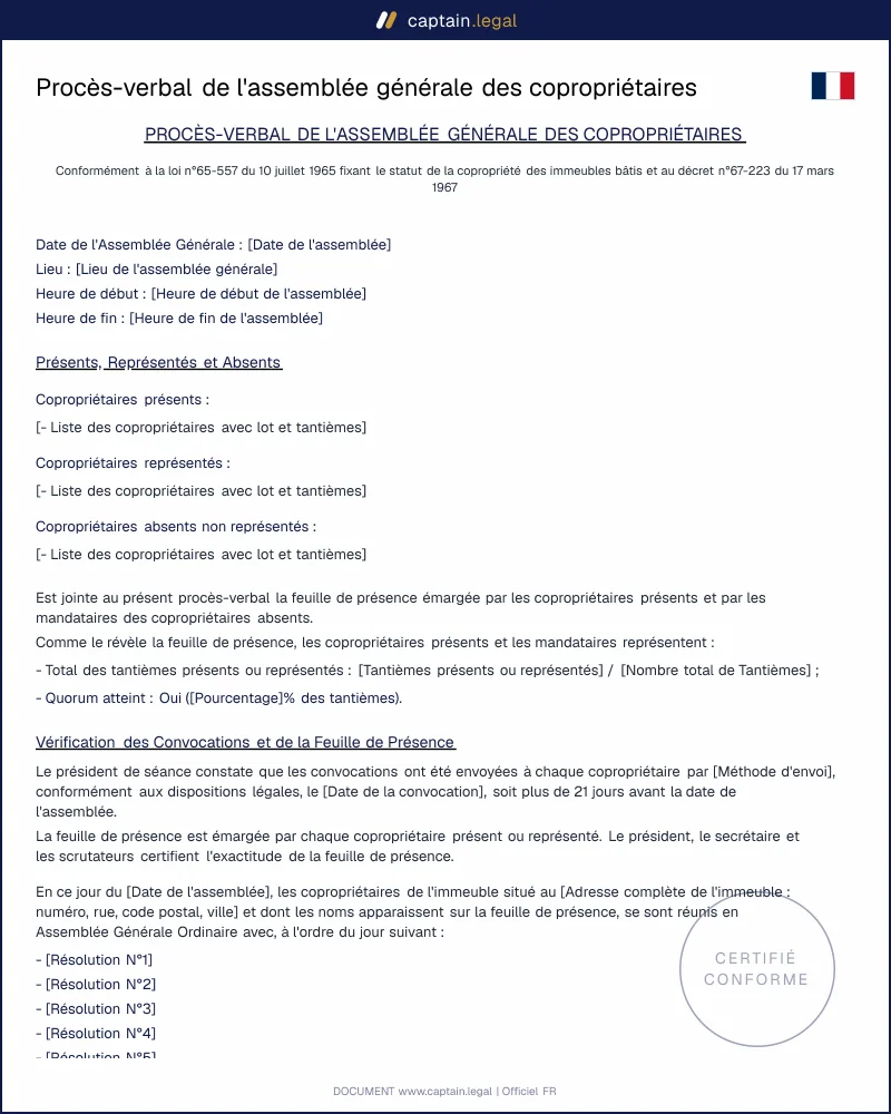 Procès-verbal d'assemblée générale des copropriétaires à remplir