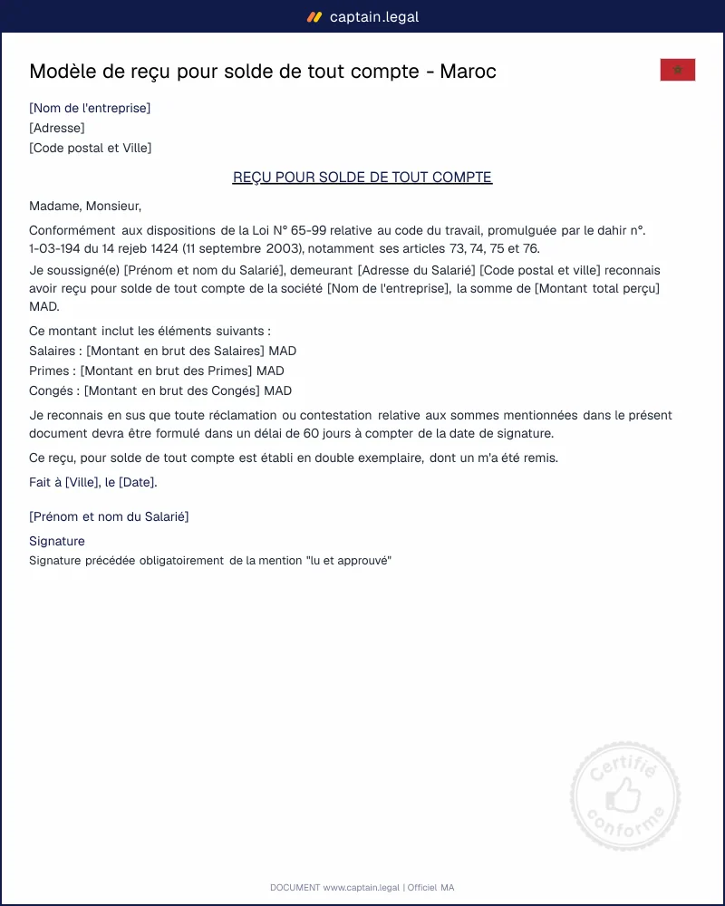 Modèle de reçu pour solde de tout compte - PDF and Word
