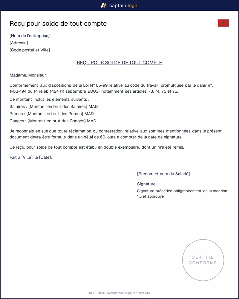 Modèle de reçu pour solde de tout compte - PDF and Word