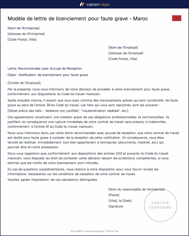 Lettre de licenciement pour faute grave Maroc - PDF et Word