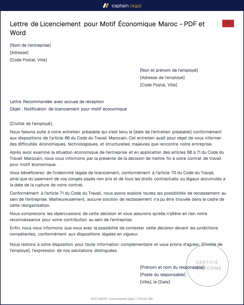 Lettre de Licenciement pour Motif Économique - PDF et Word