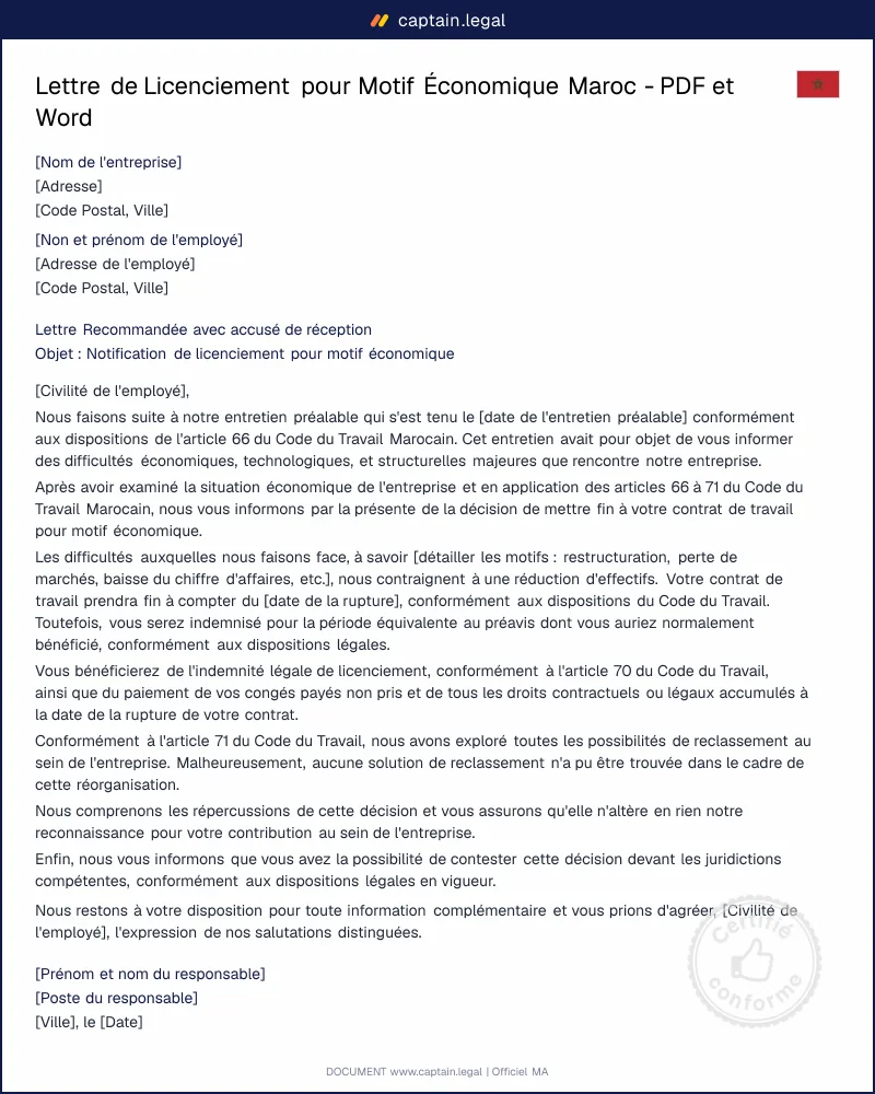 Lettre de Licenciement pour Motif Économique - PDF et Word