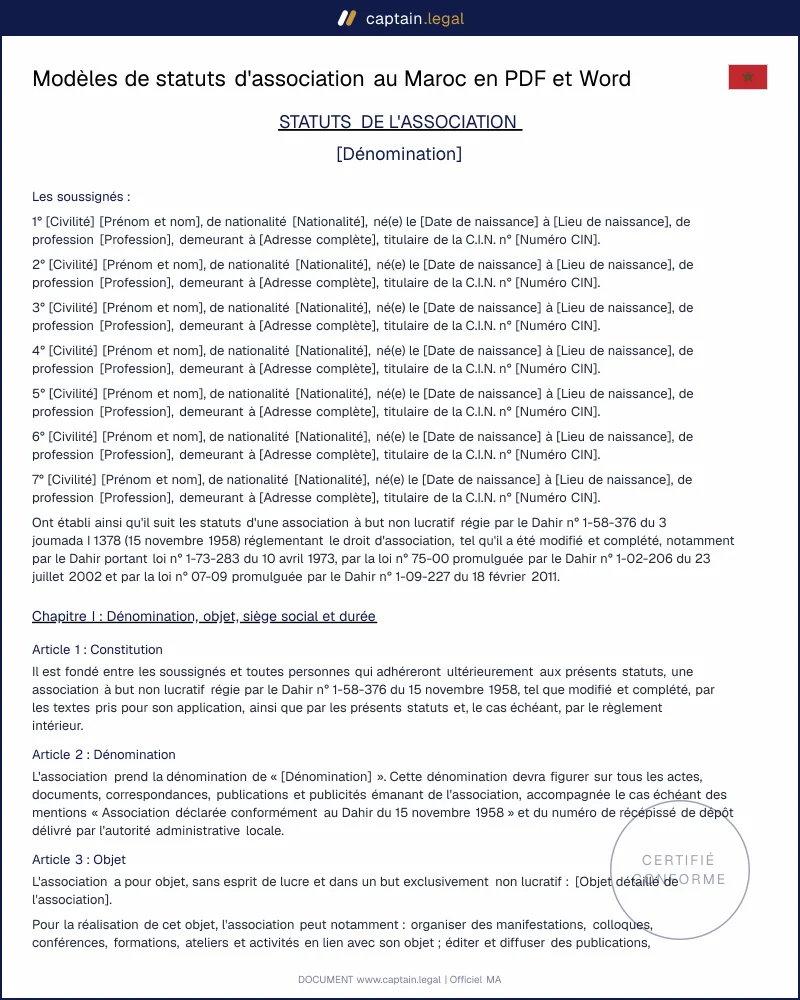Modèles de statuts d'association au Maroc