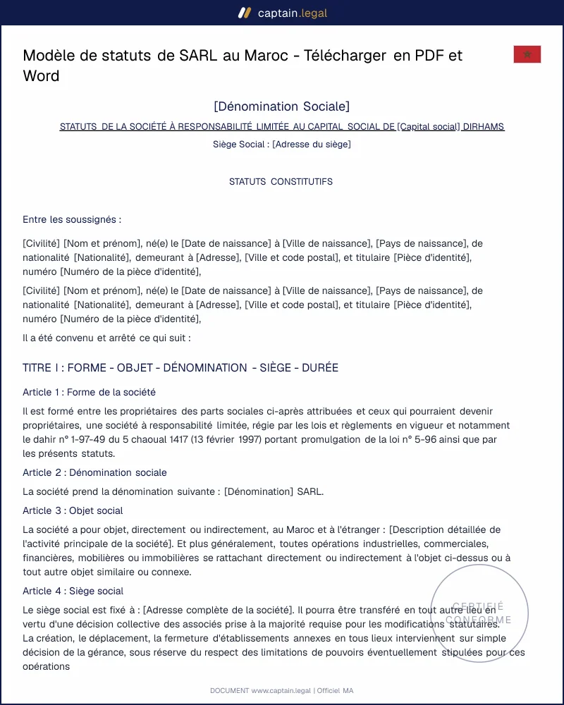 Modèle de statuts de SARL au Maroc - PDF et Word