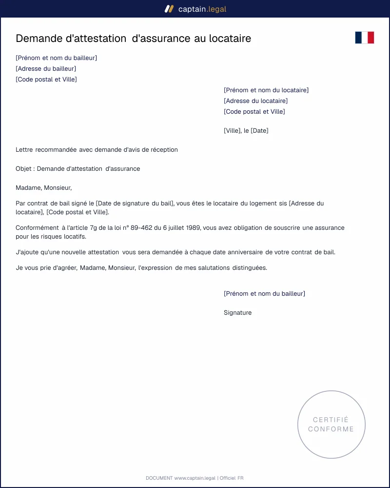 Demande d'attestation d'assurance au locataire