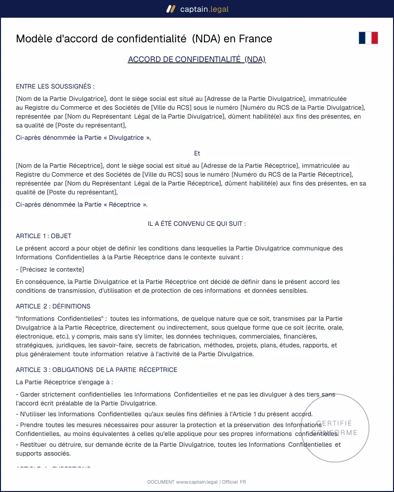 Modèle d'Accord de Confidentialité (NDA) en France
