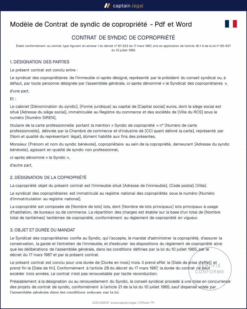Modèle de Contrat de syndic de copropriété - Pdf et Word