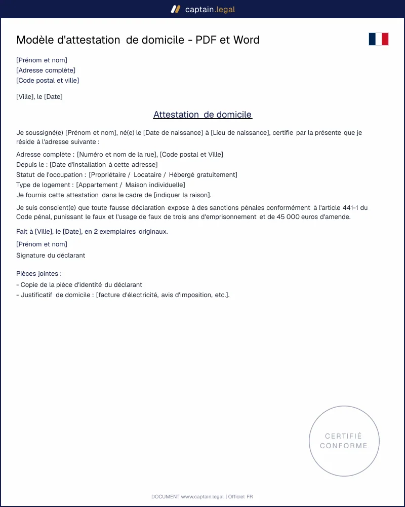 Modèle d'Attestation de Domicile en PDF et Word