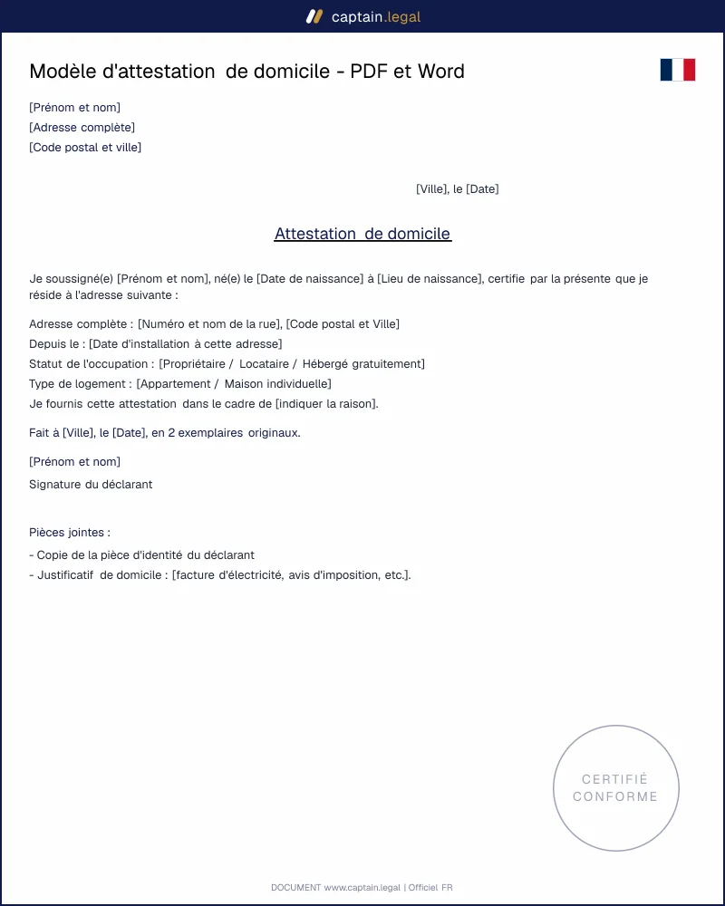 Modèle d'Attestation de Domicile en PDF et Word